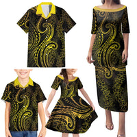 Polynesia Plumeria Lei Family Matching Puletasi and Hawaiian Shirt Black Gold Curves Motif LT7 - Polynesian Pride
