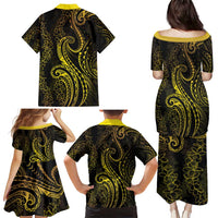 Polynesia Plumeria Lei Family Matching Puletasi and Hawaiian Shirt Black Gold Curves Motif LT7 - Polynesian Pride