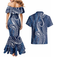 Polynesia Plumeria Lei Couples Matching Mermaid Dress and Hawaiian Shirt Navy Blue Curves Motif LT7 - Polynesian Pride