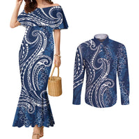 Polynesia Plumeria Lei Couples Matching Mermaid Dress and Long Sleeve Button Shirt Navy Blue Curves Motif