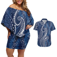 Polynesia Plumeria Lei Couples Matching Off Shoulder Short Dress and Hawaiian Shirt Navy Blue Curves Motif LT7 Navy Blue - Polynesian Pride