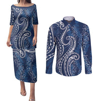 Polynesia Plumeria Lei Couples Matching Puletasi and Long Sleeve Button Shirt Navy Blue Curves Motif
