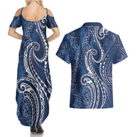 Polynesia Plumeria Lei Couples Matching Summer Maxi Dress and Hawaiian Shirt Navy Blue Curves Motif LT7 - Polynesian Pride