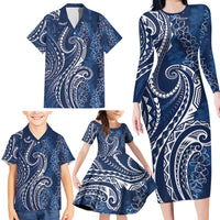 Polynesia Plumeria Lei Family Matching Long Sleeve Bodycon Dress and Hawaiian Shirt Navy Blue Curves Motif LT7 - Polynesian Pride
