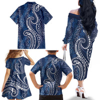 Polynesia Plumeria Lei Family Matching Off The Shoulder Long Sleeve Dress and Hawaiian Shirt Navy Blue Curves Motif LT7 - Polynesian Pride