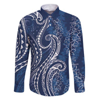 Polynesia Plumeria Lei Family Matching Tank Maxi Dress and Hawaiian Shirt Navy Blue Curves Motif LT7 Dad's Shirt - Long Sleeve Navy Blue - Polynesian Pride