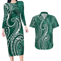Polynesia Plumeria Lei Couples Matching Long Sleeve Bodycon Dress and Hawaiian Shirt Sage Green Curves Motif LT7 Dark Green - Polynesian Pride