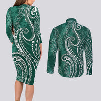Polynesia Plumeria Lei Couples Matching Long Sleeve Bodycon Dress and Long Sleeve Button Shirt Sage Green Curves Motif LT7 - Polynesian Pride