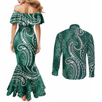 Polynesia Plumeria Lei Couples Matching Mermaid Dress and Long Sleeve Button Shirt Sage Green Curves Motif LT7 - Polynesian Pride