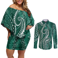 Polynesia Plumeria Lei Couples Matching Off Shoulder Short Dress and Long Sleeve Button Shirt Sage Green Curves Motif LT7 Dark Green - Polynesian Pride