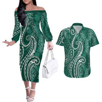 Polynesia Plumeria Lei Couples Matching Off The Shoulder Long Sleeve Dress and Hawaiian Shirt Sage Green Curves Motif LT7 Dark Green - Polynesian Pride