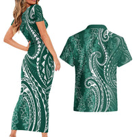 Polynesia Plumeria Lei Couples Matching Short Sleeve Bodycon Dress and Hawaiian Shirt Sage Green Curves Motif LT7 - Polynesian Pride
