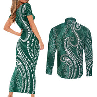 Polynesia Plumeria Lei Couples Matching Short Sleeve Bodycon Dress and Long Sleeve Button Shirt Sage Green Curves Motif LT7 - Polynesian Pride