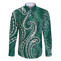 Polynesia Plumeria Lei Family Matching Mermaid Dress and Hawaiian Shirt Sage Green Curves Motif LT7 Dad's Shirt - Long Sleeve Dark Green - Polynesian Pride