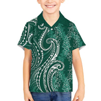 Polynesia Plumeria Lei Family Matching Off The Shoulder Long Sleeve Dress and Hawaiian Shirt Sage Green Curves Motif LT7 Son's Shirt Dark Green - Polynesian Pride
