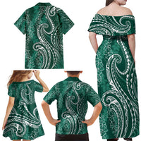 Polynesia Plumeria Lei Family Matching Off Shoulder Maxi Dress and Hawaiian Shirt Sage Green Curves Motif LT7 - Polynesian Pride