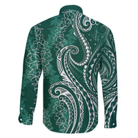 Polynesia Plumeria Lei Family Matching Off Shoulder Short Dress and Hawaiian Shirt Sage Green Curves Motif LT7 - Polynesian Pride