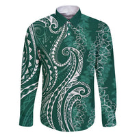 Polynesia Plumeria Lei Family Matching Puletasi and Hawaiian Shirt Sage Green Curves Motif LT7 Dad's Shirt - Long Sleeve Dark Green - Polynesian Pride