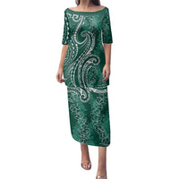 Polynesia Plumeria Lei Family Matching Puletasi and Hawaiian Shirt Sage Green Curves Motif LT7 Mom's Dress Dark Green - Polynesian Pride