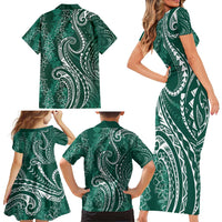 Polynesia Plumeria Lei Family Matching Short Sleeve Bodycon Dress and Hawaiian Shirt Sage Green Curves Motif LT7 - Polynesian Pride