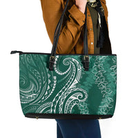 Polynesia Plumeria Lei Leather Tote Bag Sage Green Curves Motif
