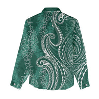 Polynesia Plumeria Lei Women Casual Shirt Sage Green Curves Motif
