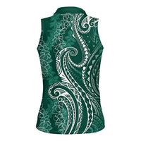 Polynesia Plumeria Lei Women Sleeveless Polo Shirt Sage Green Curves Motif