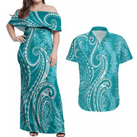 Polynesia Plumeria Lei Couples Matching Off Shoulder Maxi Dress and Hawaiian Shirt Teal Curves Motif LT7 Teal - Polynesian Pride