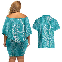 Polynesia Plumeria Lei Couples Matching Off Shoulder Short Dress and Hawaiian Shirt Teal Curves Motif LT7 - Polynesian Pride