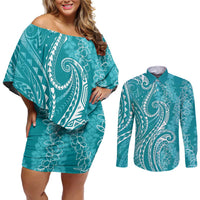 Polynesia Plumeria Lei Couples Matching Off Shoulder Short Dress and Long Sleeve Button Shirt Teal Curves Motif