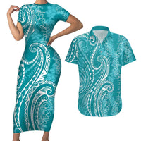 Polynesia Plumeria Lei Couples Matching Short Sleeve Bodycon Dress and Hawaiian Shirt Teal Curves Motif LT7 Teal - Polynesian Pride