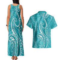 Polynesia Plumeria Lei Couples Matching Tank Maxi Dress and Hawaiian Shirt Teal Curves Motif LT7 - Polynesian Pride