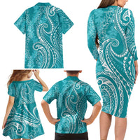 Polynesia Plumeria Lei Family Matching Long Sleeve Bodycon Dress and Hawaiian Shirt Teal Curves Motif LT7 - Polynesian Pride