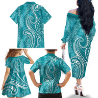 Polynesia Plumeria Lei Family Matching Off The Shoulder Long Sleeve Dress and Hawaiian Shirt Teal Curves Motif LT7 - Polynesian Pride