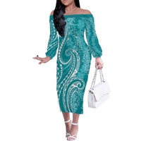 Polynesia Plumeria Lei Family Matching Off The Shoulder Long Sleeve Dress and Hawaiian Shirt Teal Curves Motif LT7 Mom's Dress Teal - Polynesian Pride