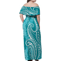 Polynesia Plumeria Lei Family Matching Off Shoulder Maxi Dress and Hawaiian Shirt Teal Curves Motif LT7 - Polynesian Pride
