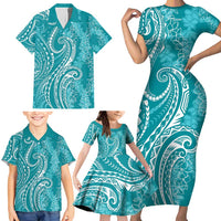 Polynesia Plumeria Lei Family Matching Short Sleeve Bodycon Dress and Hawaiian Shirt Teal Curves Motif LT7 - Polynesian Pride