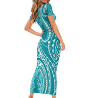 Polynesia Plumeria Lei Family Matching Short Sleeve Bodycon Dress and Hawaiian Shirt Teal Curves Motif LT7 - Polynesian Pride