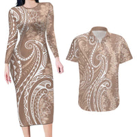 Polynesia Plumeria Lei Couples Matching Long Sleeve Bodycon Dress and Hawaiian Shirt Beige Curves Motif LT7 Beige - Polynesian Pride