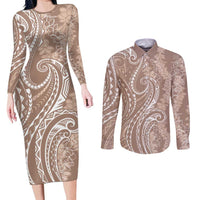 Polynesia Plumeria Lei Couples Matching Long Sleeve Bodycon Dress and Long Sleeve Button Shirt Beige Curves Motif LT7 Beige - Polynesian Pride