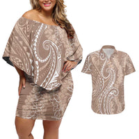 Polynesia Plumeria Lei Couples Matching Off Shoulder Short Dress and Hawaiian Shirt Beige Curves Motif LT7 Beige - Polynesian Pride