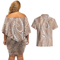 Polynesia Plumeria Lei Couples Matching Off Shoulder Short Dress and Hawaiian Shirt Beige Curves Motif LT7 - Polynesian Pride