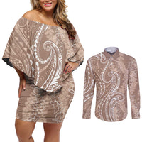 Polynesia Plumeria Lei Couples Matching Off Shoulder Short Dress and Long Sleeve Button Shirt Beige Curves Motif