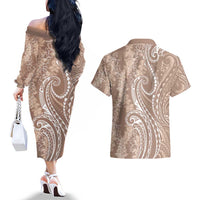 Polynesia Plumeria Lei Couples Matching Off The Shoulder Long Sleeve Dress and Hawaiian Shirt Beige Curves Motif LT7 - Polynesian Pride