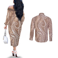 Polynesia Plumeria Lei Couples Matching Off The Shoulder Long Sleeve Dress and Long Sleeve Button Shirt Beige Curves Motif LT7 - Polynesian Pride
