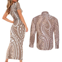 Polynesia Plumeria Lei Couples Matching Short Sleeve Bodycon Dress and Long Sleeve Button Shirt Beige Curves Motif LT7 - Polynesian Pride