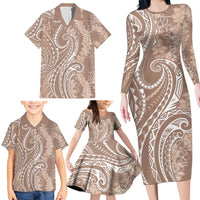 Polynesia Plumeria Lei Family Matching Long Sleeve Bodycon Dress and Hawaiian Shirt Beige Curves Motif LT7 - Polynesian Pride