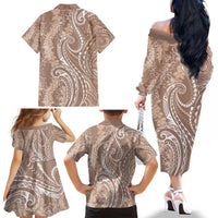 Polynesia Plumeria Lei Family Matching Off The Shoulder Long Sleeve Dress and Hawaiian Shirt Beige Curves Motif LT7 - Polynesian Pride