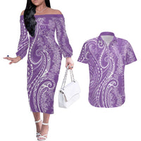 Polynesia Plumeria Lei Couples Matching Off The Shoulder Long Sleeve Dress and Hawaiian Shirt Periwinkle Curves Motif LT7 Periwinkle - Polynesian Pride