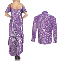 Polynesia Plumeria Lei Couples Matching Summer Maxi Dress and Long Sleeve Button Shirt Periwinkle Curves Motif